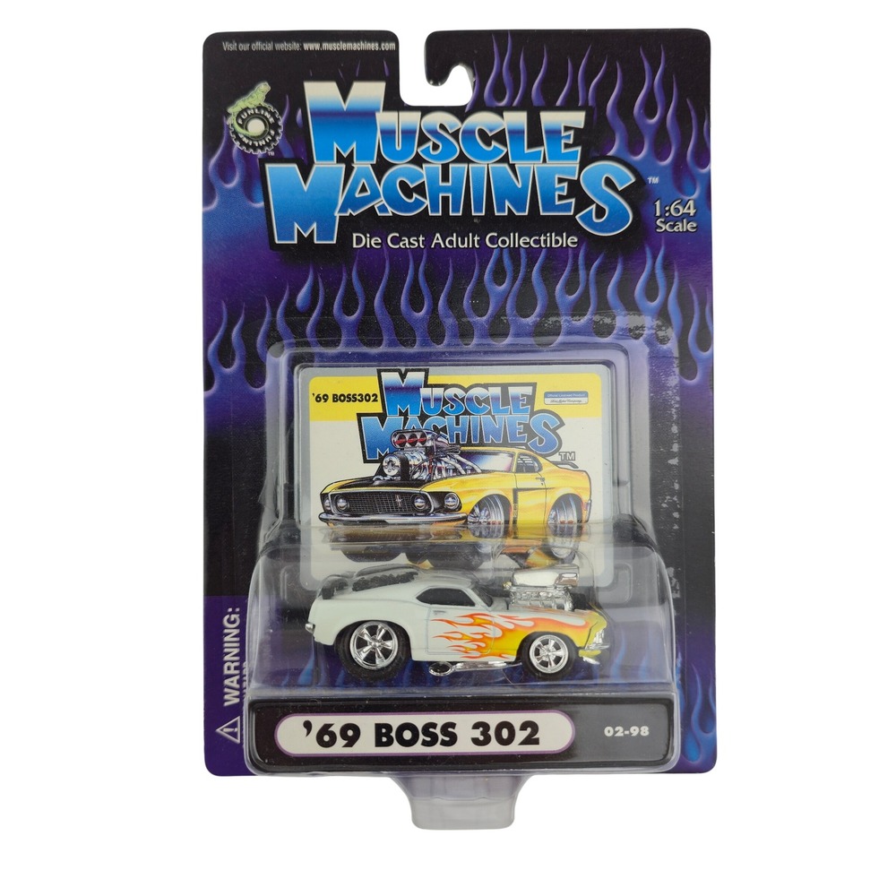Muscle Machines 69 Boss 302 Mustang Diecast Car 1:64 White Orange Flames 02-98
